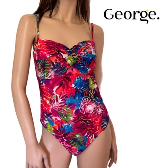 🌸 George One Piece Swimsuit Embedded Padded Bra Ruching Cross Over Cups Tiki - Picture 1 of 15